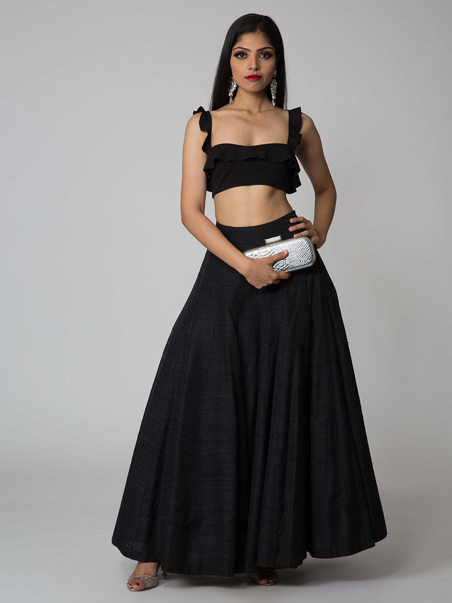 TCR Black Frill Crop Top With Raw Silk Puffy Skirt!