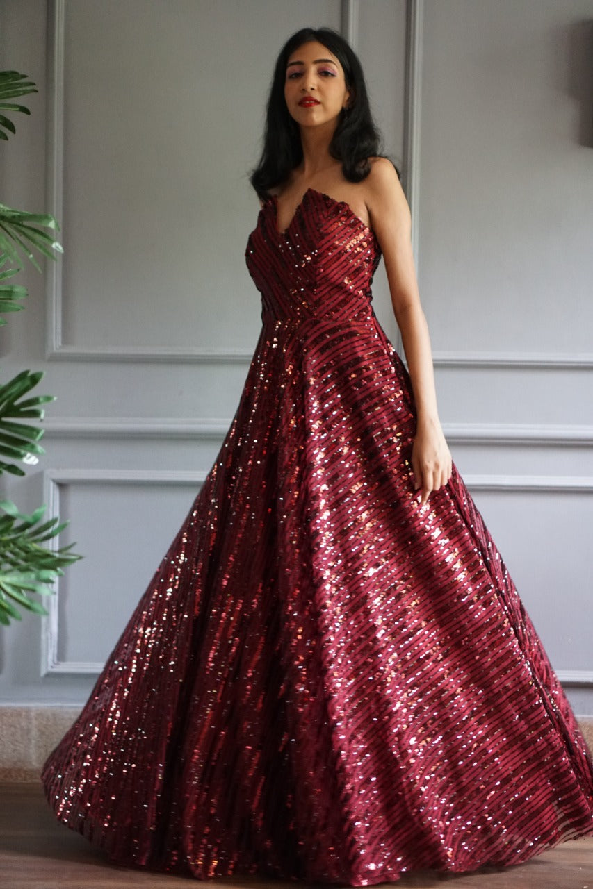 Maroon Ruched Sweetheart Sleeveless Evening Gown – ShObO